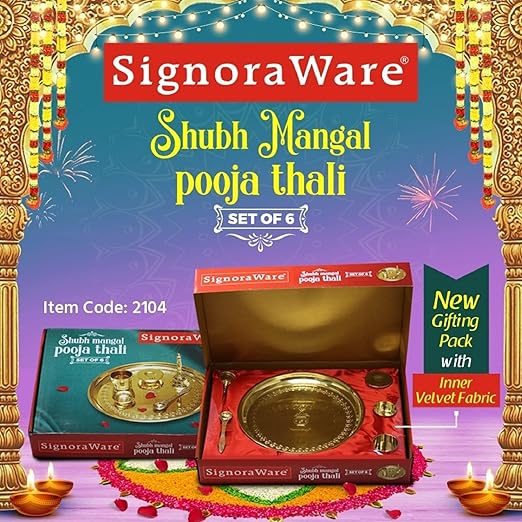 Signoraware Shubh Mangal Pooja Thali (Diya, Agardan, Yachman, Ghanti, Gilasiya) Brass