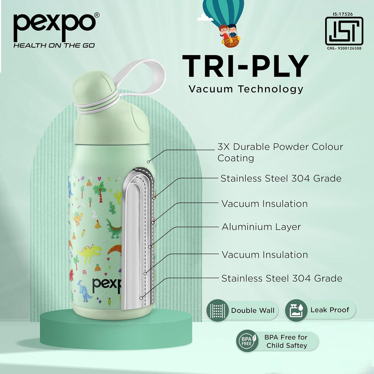 Pexpo Piano Pro 450 - Cute Sipper|Hot & Cold Thermoflask - 420ml, Dinasour Print|Stainless Steel Water Bottle for 6+ Years Kids & Adults|Vacuum Insulated|Portable Handle|Double Wall | RCB Edition