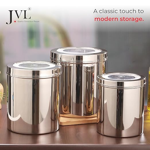 JVL Classicware Classic Stainless Steel Storage Tin with See-Through Lid | Mirror Finish, Airtight, Rust-Resistant Container for Spices, Grains, Snacks & Dry Fruits, Durable & Easy to Clean (2.8 L) CLT - 3