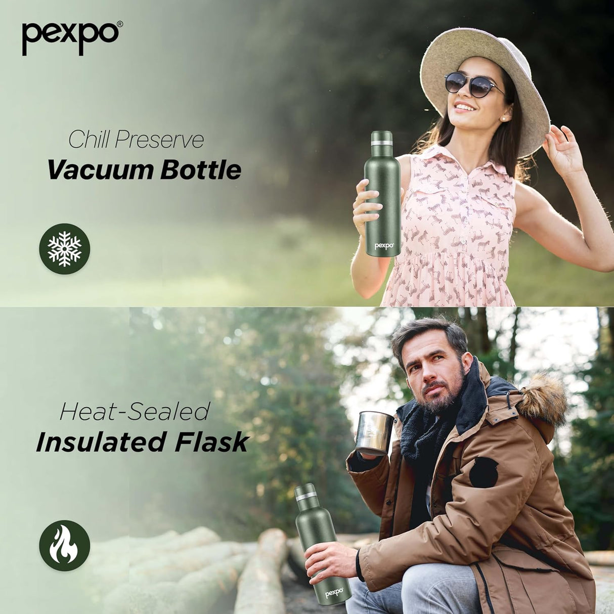 Pexpo Stainless Steel Hot and Cold Vacuum Insulated ISI Certified Flask,500ml, Military Green | Double Wall Flask | BPA Free | Office | School | Home | Hiking | Gym