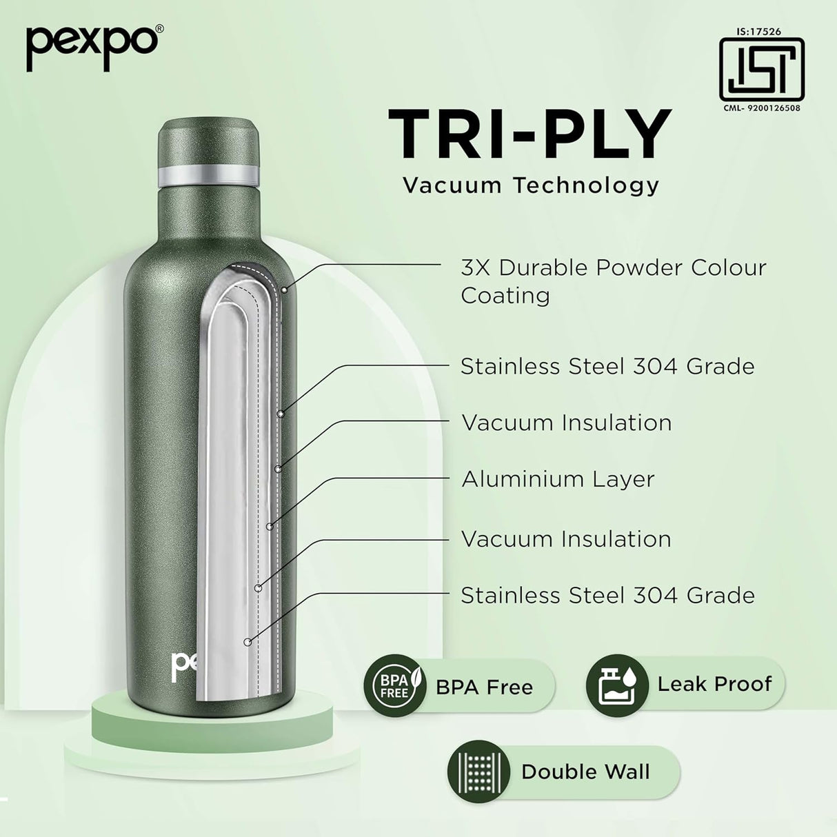 Pexpo Stainless Steel Hot and Cold Vacuum Insulated ISI Certified Flask,500ml, Military Green | Double Wall Flask | BPA Free | Office | School | Home | Hiking | Gym