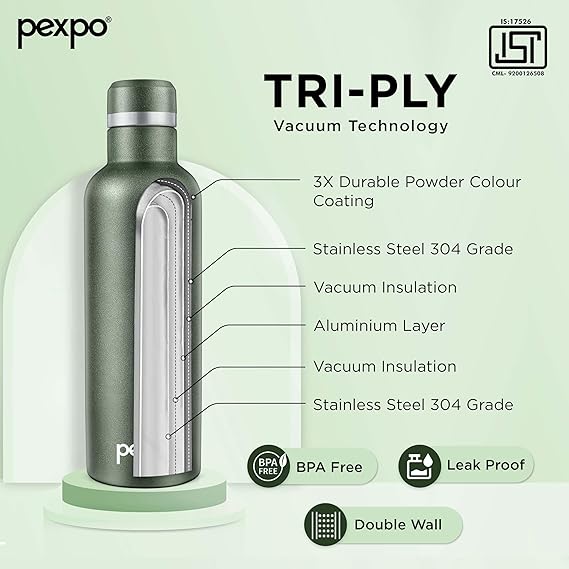 Pexpo Stainless Steel Hot and Cold Vacuum Insulated ISI Certified Flask,500ml, Military Green| Double Wall Flask | BPA Free | Office | School | Home | Hiking | Gym