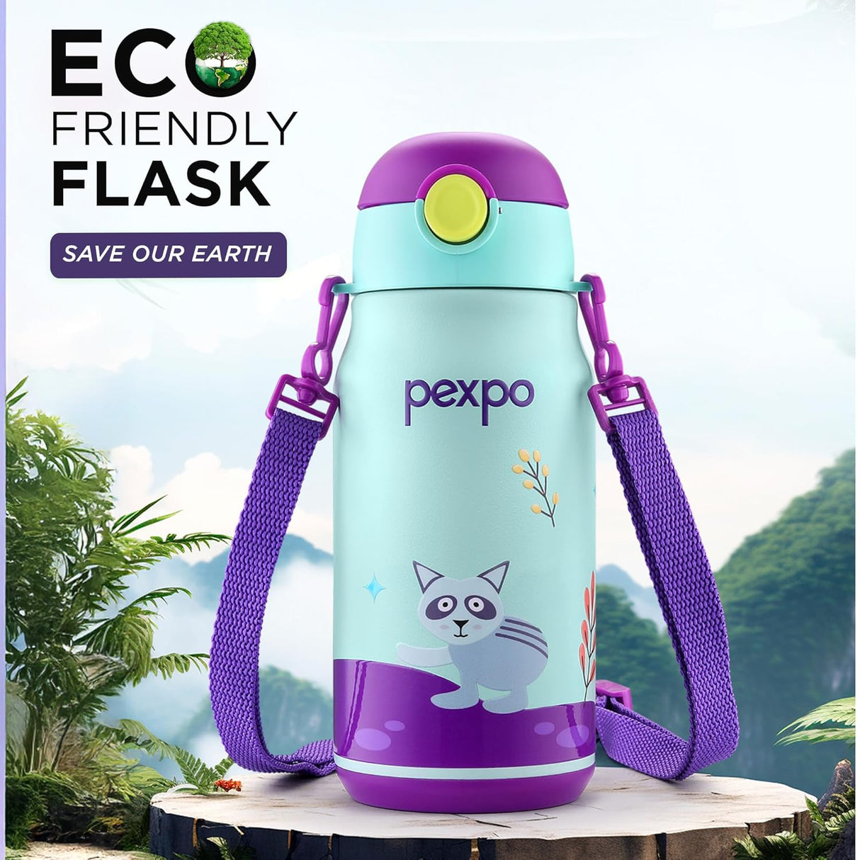 Pexpo Poggo 450 Hot & Cold Stainless Steel Water Bottle for 6+ Years Kids - 420 ml |Raccoon UV Printed Design |Vacuum Insulated|Leak Proof & BPA Free|School, Picnic, Travel