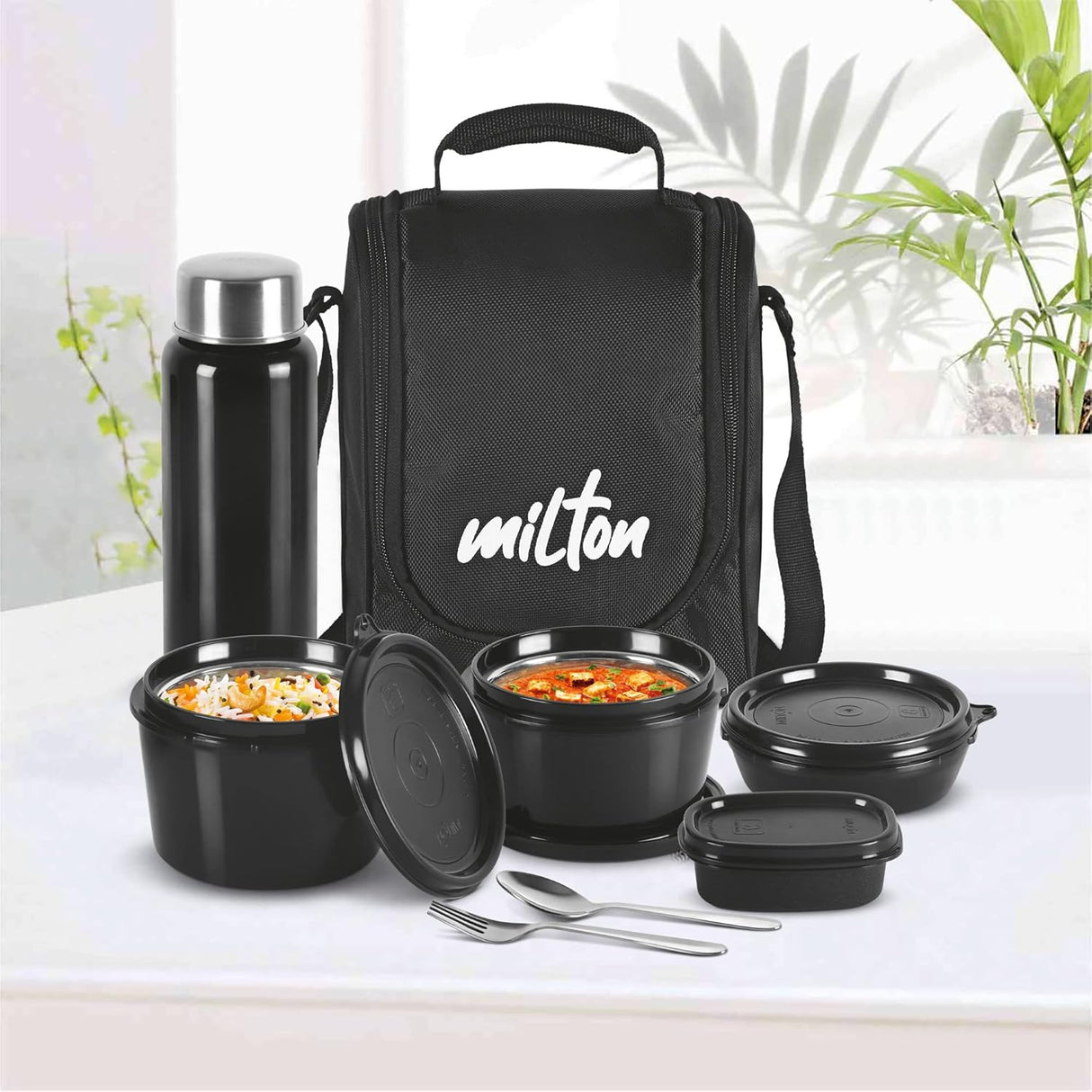 Pro Lunch Box with Steel Cutlery, 3 Microwave Safe Inner Steel Containers (180ml, 320ml, 450ml) Plastic Chutney Dabba 100ml, Steel Bottle 750ml with Insulated Bag, Office Tiffin, Black