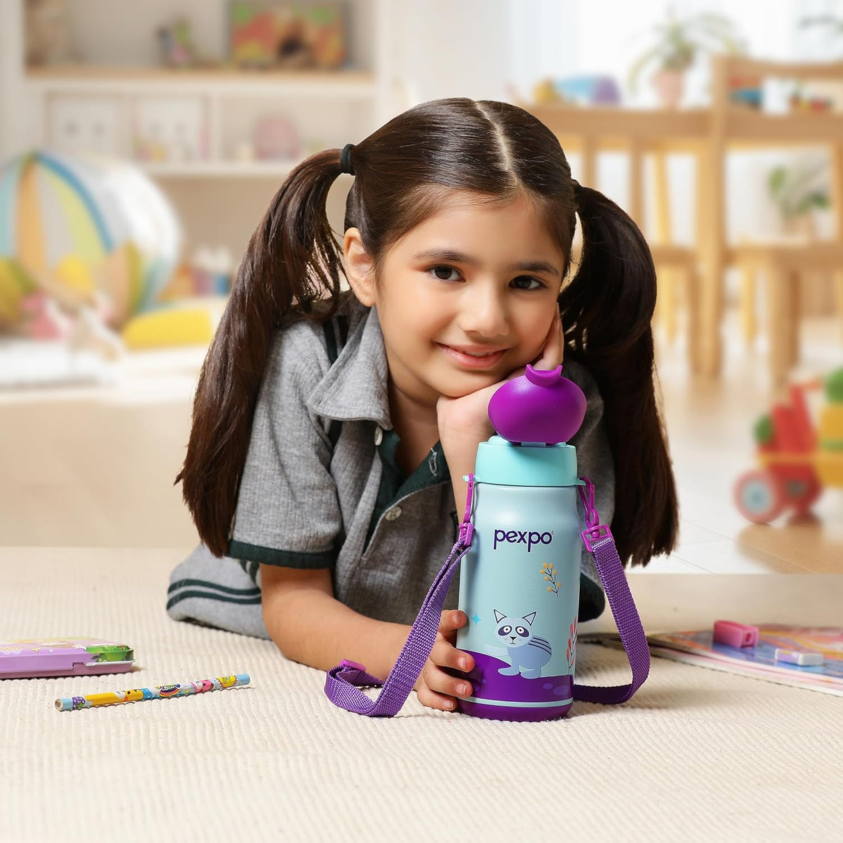 Pexpo Poggo 450 Hot & Cold Stainless Steel Water Bottle for 6+ Years Kids - 420 ml |Raccoon UV Printed Design |Vacuum Insulated|Leak Proof & BPA Free|School, Picnic, Travel