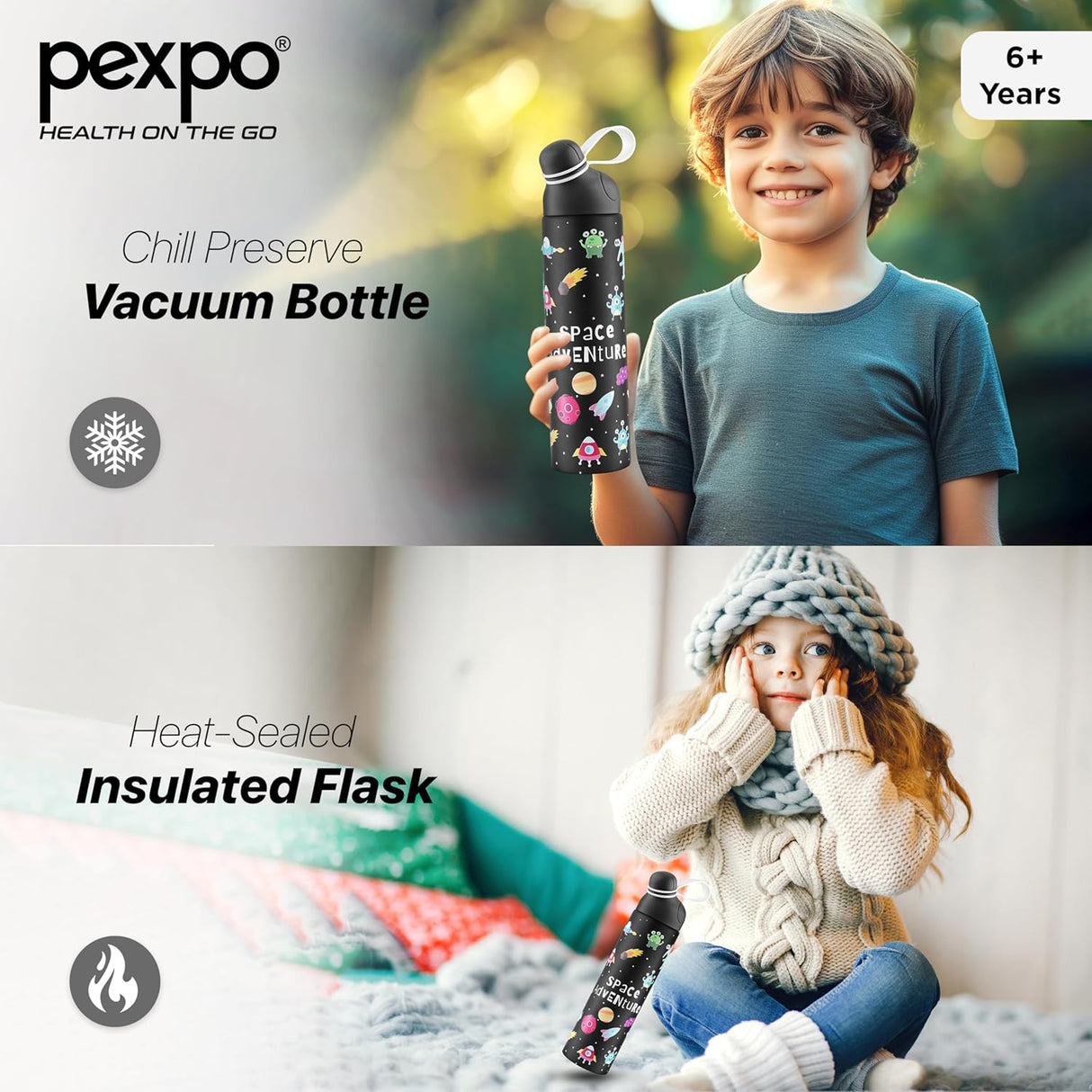 Pexpo Pico 500 Cute Sipper|Hot & Cold Stainless Steel Water Bottle for 6+ Years Kids - 470ml, Space UV Printed Design |Vacuum Insulated|Leak of & BPA Free|School, Picnic, Travel| RCB Edition