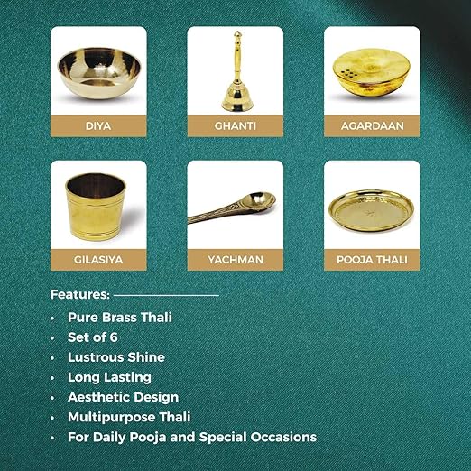Signoraware Shubh Mangal Pooja Thali (Diya, Agardan, Yachman, Ghanti, Gilasiya) Brass