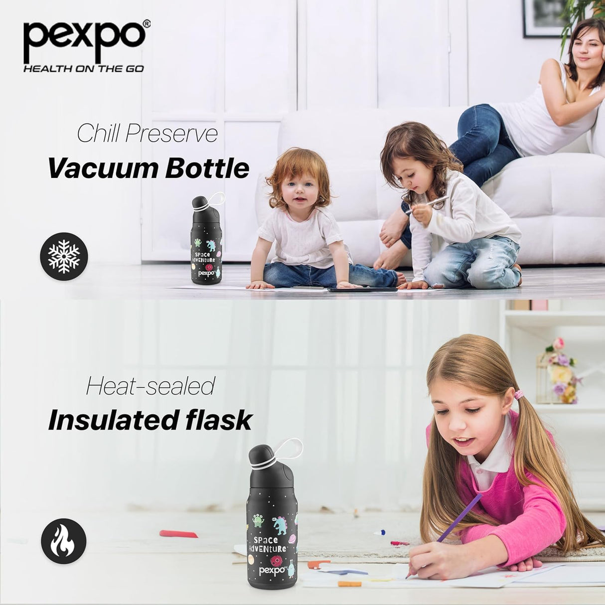 Pexpo Piano 450 - Cute Sipper|Hot & Cold Thermoflask - 420ml, Space Print|Stainless Steel Water Bottle for 6+ Years Kids & Adults|Vacuum Insulated|Portable Handle|Double Wall | School,Gym