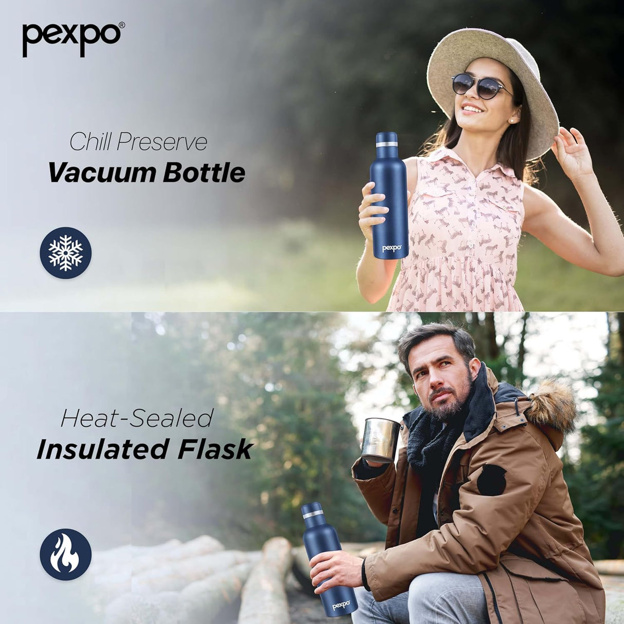 Pexpo Stainless Steel Hot and Cold Vacuum Insulated ISI Certified Flask, 500ml, Denim Blue, Set of 1, | Double Wall Flask | BPA Free | Office | School | Home | Hiking | Gym