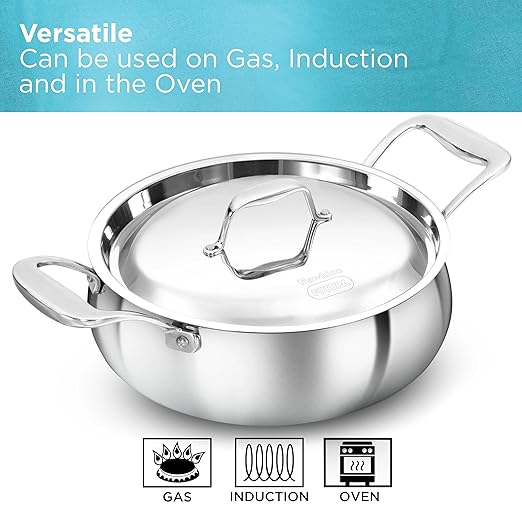 Hawkins 3L Pro Triply Stainless Steel Handi with Steel Handles and Steel Lid, Silver (PSH30S)