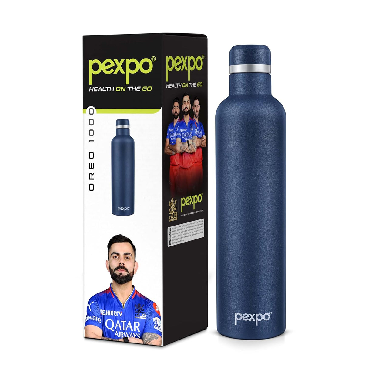Pexpo Oreo Pro 1000 Stainless Steel Hot and Cold Vacuum Insulated ISI Certified Flask, 980ml, Denim Blue | Double Wall Flask | BPA Free | Office | School | Home | Hiking | Gym| RCB Edition