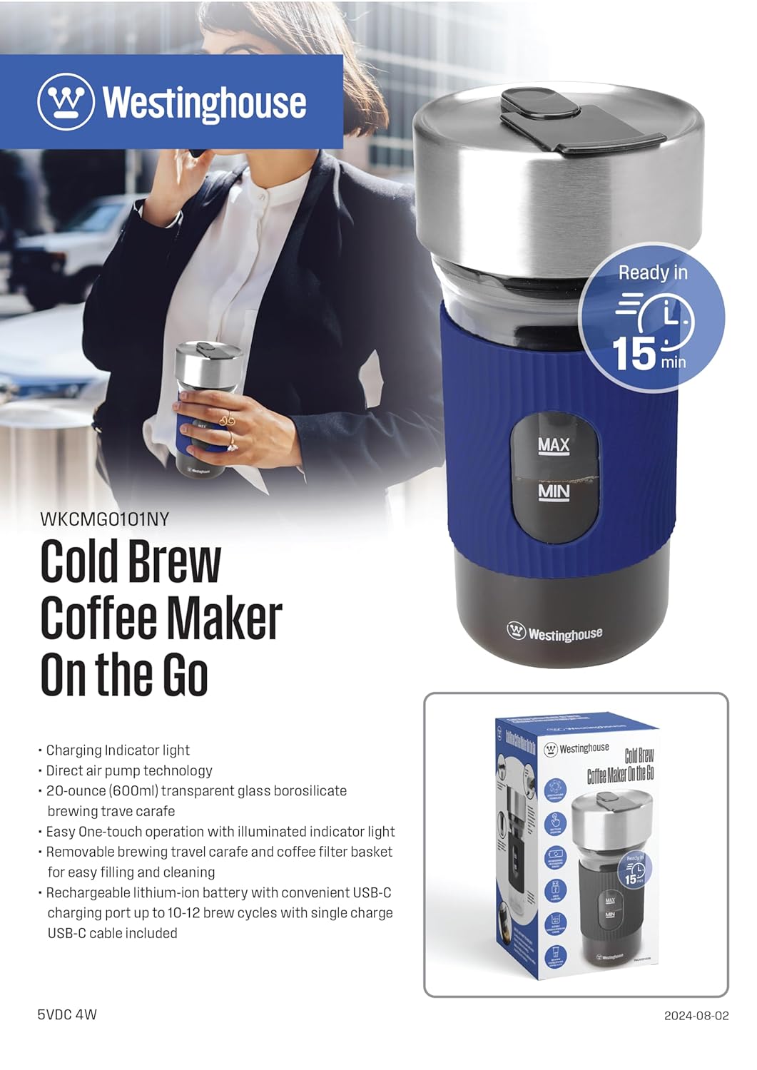 600ml Portable Cold Brew Coffee Maker |1200 mAh Battery, Cordless, Rechargeable, Compact |Transparent Brewing Chamber Anti-Slip Sleeve |Ready-to-Drink in 15 Minutes