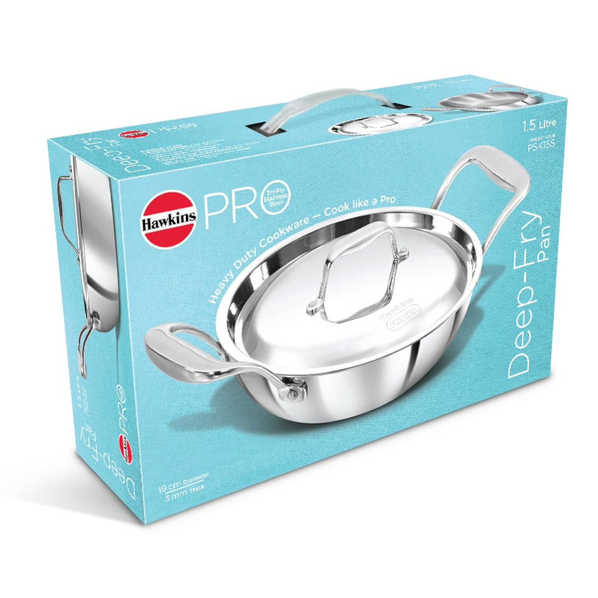 Hawkins Pro 1.5 Litre Deep-Fry Pan, Triply Stainless Steel Kadhai with Steel Handles and Steel Lid, Small Kadhai, Silver (PSK15S)