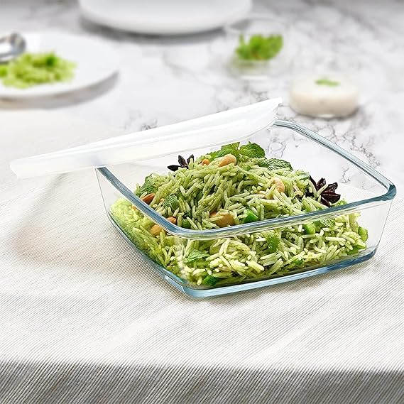 800ml Baking & Serving Square Shape Dish with White Lid | Borosilicate Glass Bakeware and Serveware Tray | Microwave, Oven & Dishwasher Safe Bowl | Transparent