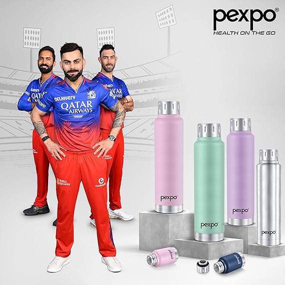 Pexpo Cameo Pro Vacuum Insulated 300ml Stainless Steel Water Bottle - Silver | Hot & Cold Upto 5-6 Hours | Leak of | Office, School, Gym & Travelling|Men, Women & Kids| RCB Edition