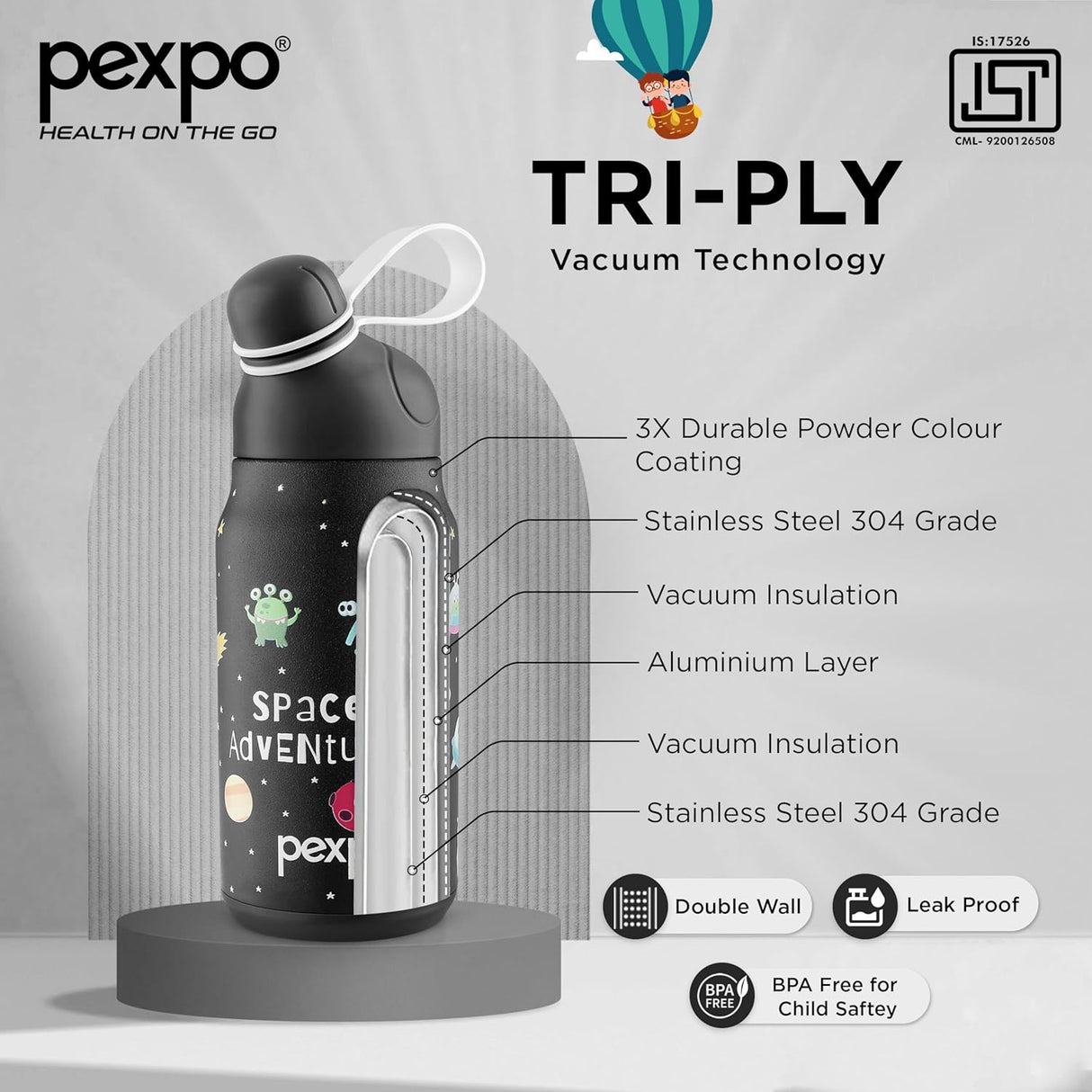 Pexpo Piano 450 - Cute Sipper|Hot & Cold Thermoflask - 420ml, Space Print|Stainless Steel Water Bottle for 6+ Years Kids & Adults|Vacuum Insulated|Portable Handle|Double Wall | School,Gym