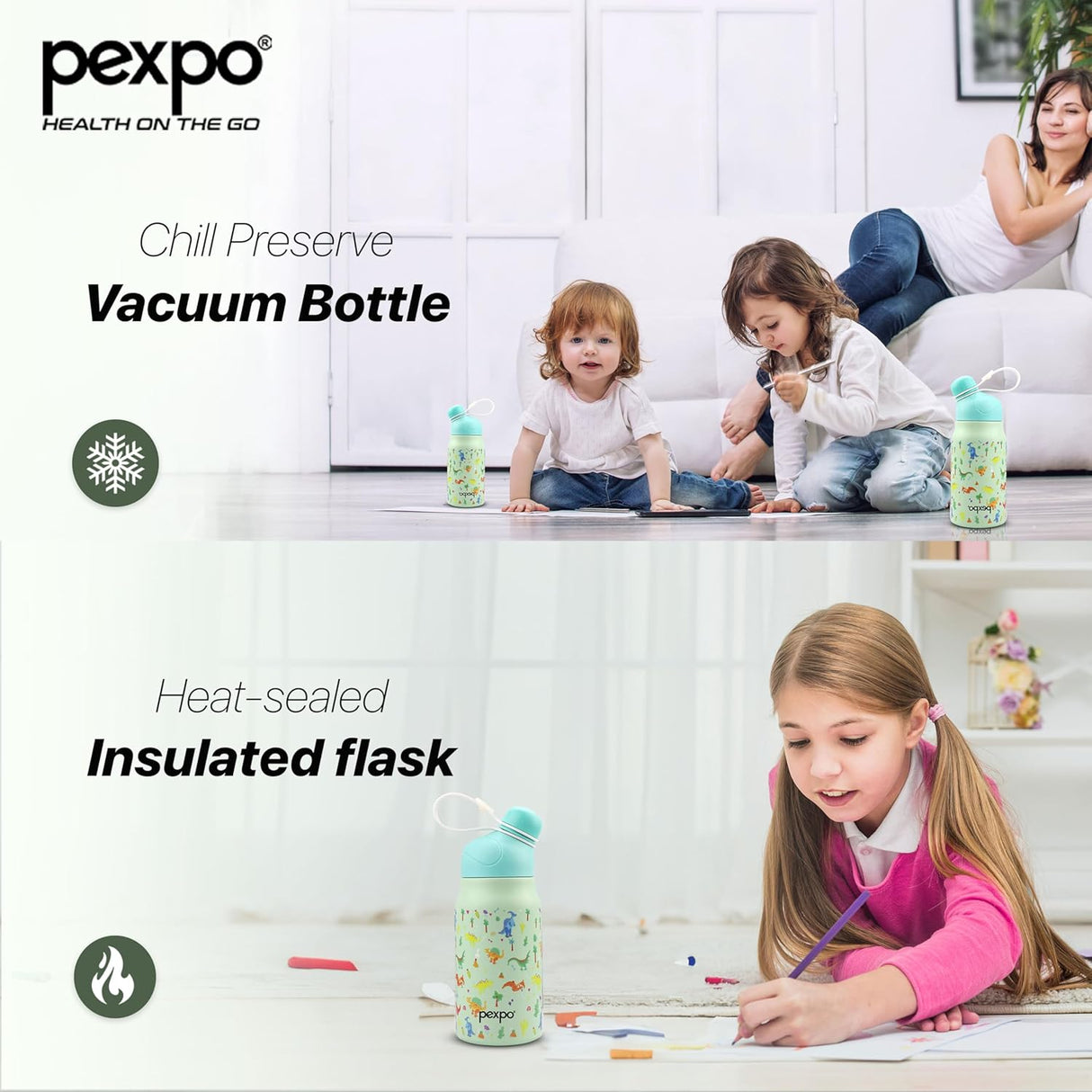 Pexpo Piano Pro 450 - Cute Sipper|Hot & Cold Thermoflask - 420ml, Dinasour Print|Stainless Steel Water Bottle for 6+ Years Kids & Adults|Vacuum Insulated|Portable Handle|Double Wall | RCB Edition