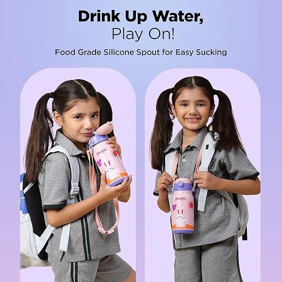 Pexpo Poggo 450 Hot & Cold Stainless Steel Water Bottle for 6+ Years Kids - 420 ml |Rabbit UV Printed Design |Vacuum Insulated|Leak Proof & BPA Free|School, Picnic, Travel