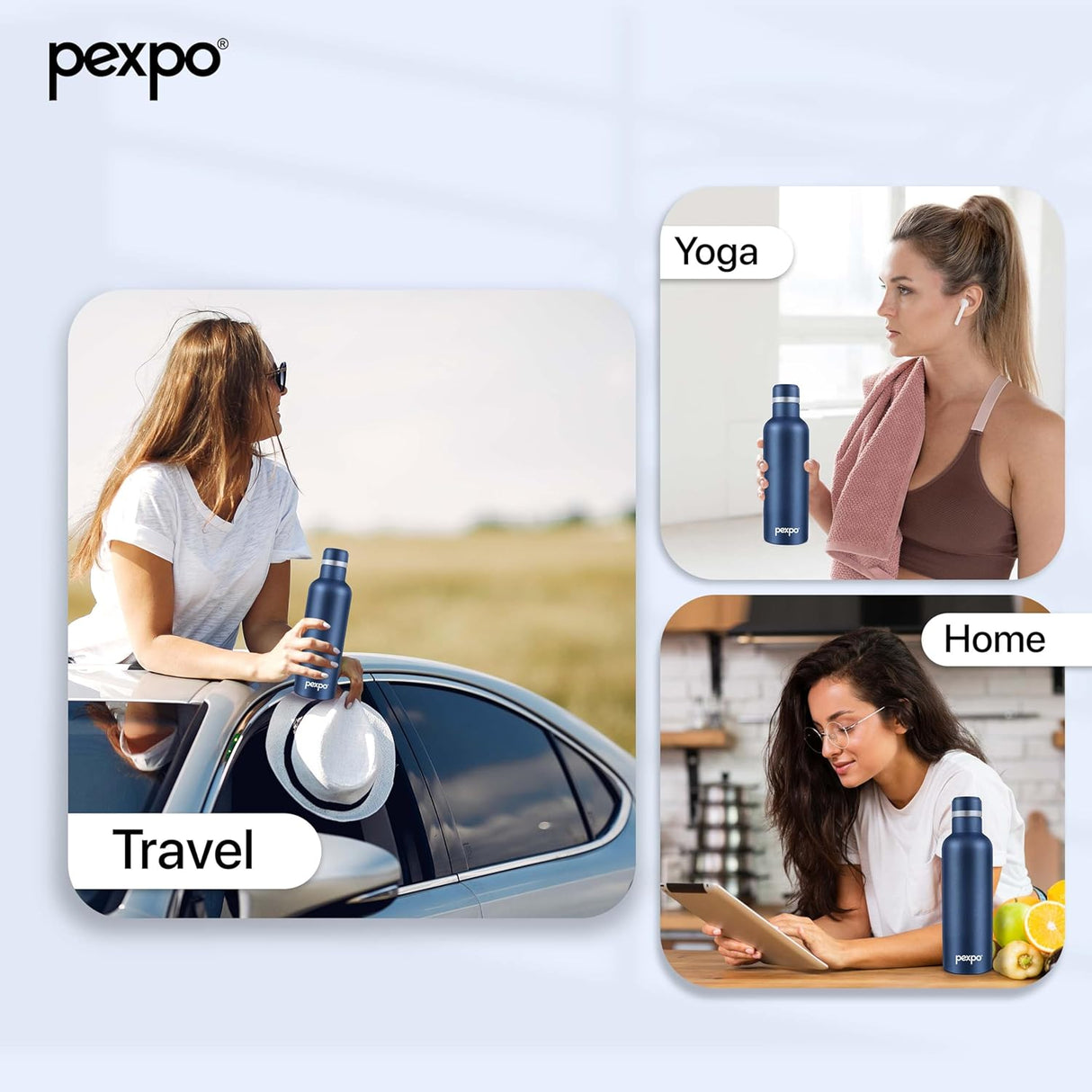 Pexpo Stainless Steel Hot and Cold Vacuum Insulated ISI Certified Flask, 500ml, Denim Blue, Set of 1, | Double Wall Flask | BPA Free | Office | School | Home | Hiking | Gym