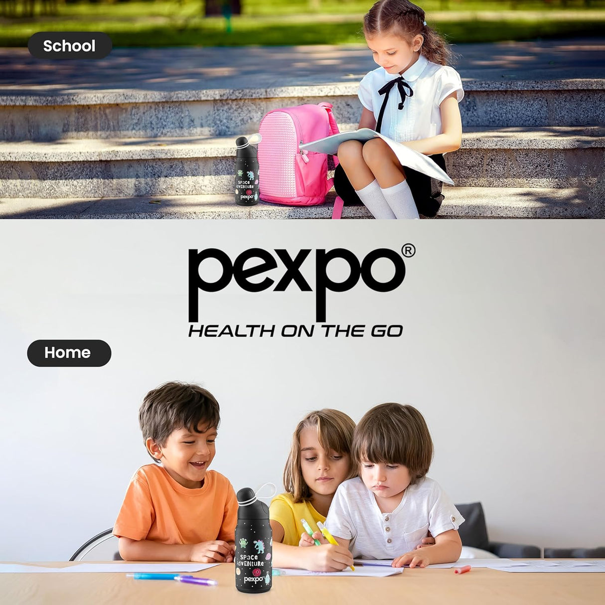 Pexpo Piano 450 - Cute Sipper|Hot & Cold Thermoflask - 420ml, Space Print|Stainless Steel Water Bottle for 6+ Years Kids & Adults|Vacuum Insulated|Portable Handle|Double Wall | School,Gym