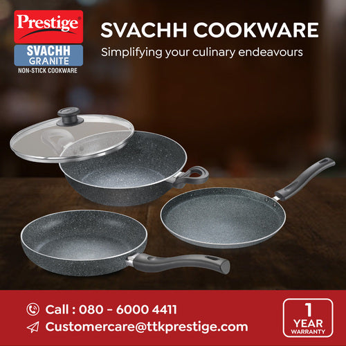 Svachh Granite Non-Stick 3-Piece Set Cookware |Dual Non-Stick Delight|Omni Tawa -28cm Dia, Kadai with GlassLid -24cm Dia, Fry Pan -24cm Dia|Gas and Induction Compatible|Metal Spoon Friendly 38368