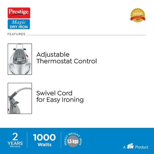 PDI 06 Dry Iron 1000 W with Greblon Coated Sole Plate (Silver)