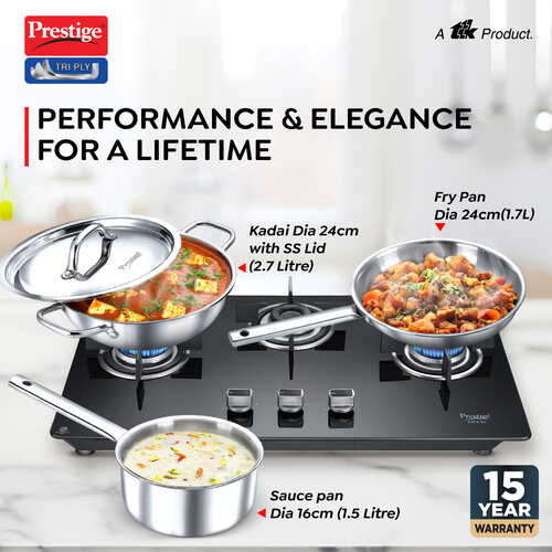 Tri-Ply Stainless Steel 3 Piece BYK Cookware Set| Fry Pan 24cm (1.7L), Kadai 24cm (2.7L) with SS Lid, Sauce Pan 16cm (1.5L)| Even Heat Distribution| Gas and Induction Compatible 38546