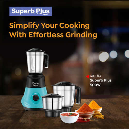 Superb Plus Mixer Grinder 500 Watts | 3 Stainless Steel Jars | Flow Breaker Design | Super-Efficient Blades | Blue & Black | Sturdy Handles