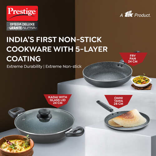 Omega Deluxe Granite Alpha 3 Piece BYK Non-Stick Cookware Set| Kadai 24cm with Glass Lid, Omni Tawa 28cm and Fry Pan 24cm| Gas and Induction Compatible| 5 Layer Non-Stick Coating 38390