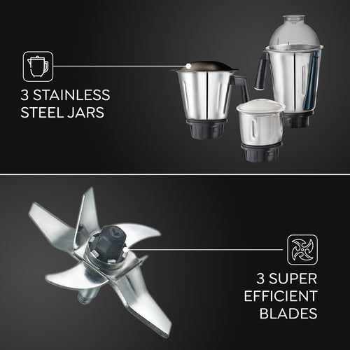 Grace Mixer Grinder 750W | 3 Stainless Steel Jars | Super Efficient Blades | Dome Shaped Lid | Blue & Black | Sturdy Handles