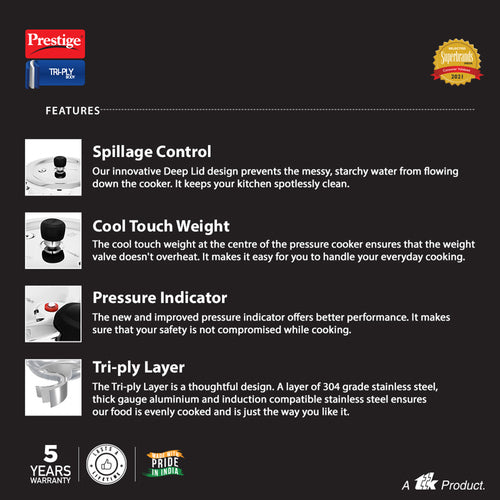Prestige Svachh Triply Outer Lid Pressure Cooker with Unique Deep Lid for Spillage Control, 3 Litre, Silver 20702