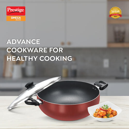Omega Deluxe Aluminium Non-Stick Round Base Deep Kadai with Glass Lid 30cm (Red) 36727