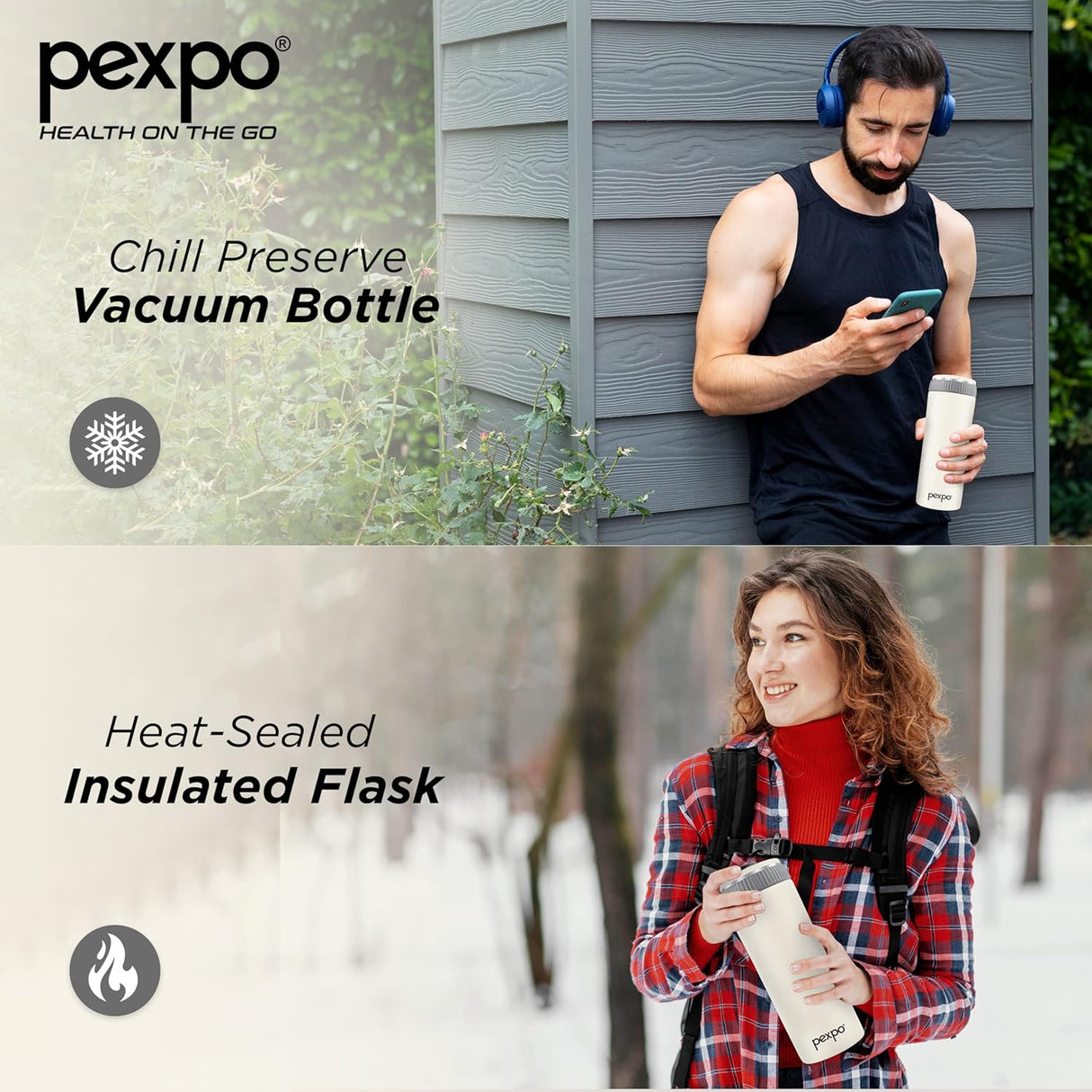 Pexpo Crypto Pro 500 ISI Certified Hot & Cold Flask -Bone Grey Stainless Steel - 430ml | Vacuum Insulated Thermosteel Flask| Leak Proof| Thermos Mug| Travel Mug | Adults| Boys & Girls