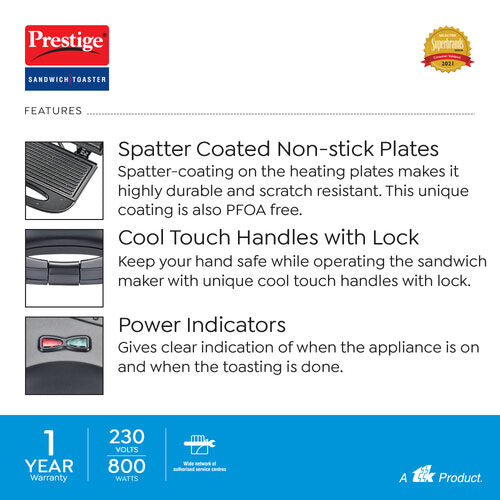 PGFSP - Spatter Coated Non-stick Sandwich Toaster with Fixed Grill Plate, Black