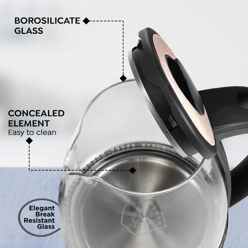 PKGB 1.8 Litre Electric Glass Kettle| LED Power Indicator| Borosilicate Glass| Automatic Power Cut-Off| Concealed Element| 360 Degree Swivel| Cool Touch Handle