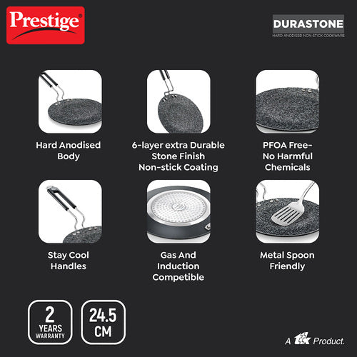 Prestige Durastone Hard Anodised 6 Layer Non-Stick Concave Tawa, 24.5 cm (Black) 37571