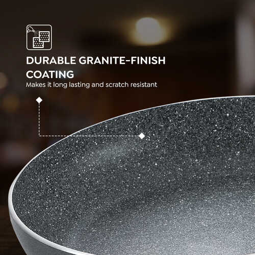 Omega Deluxe Granite Alpha 3 Piece BYK Non-Stick Cookware Set| Kadai 24cm with Glass Lid, Omni Tawa 28cm and Fry Pan 24cm| Gas and Induction Compatible| 5 Layer Non-Stick Coating 38390