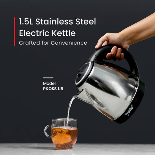 PKOSS Stainless Steel Electric Kettle 1.5L, 1350W | Concealed Element | Automatic Cut-Off | 360° Swivel Base
