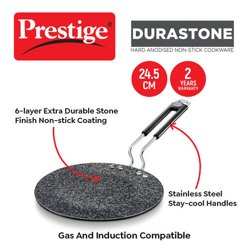 Prestige Durastone Hard Anodised 6 Layer Non-Stick Concave Tawa, 24.5 cm (Black) 37571