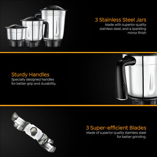 Superb Plus Mixer Grinder 500 Watts | 3 Stainless Steel Jars | Flow Breaker Design | Super-Efficient Blades | Blue & Black | Sturdy Handles