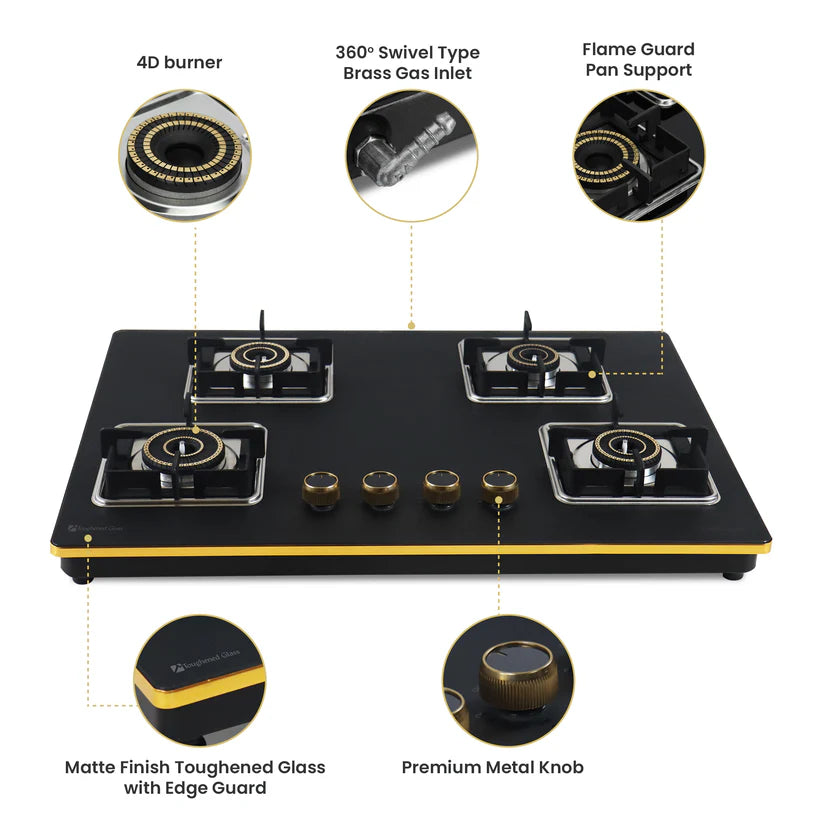 Shine Gold Four Burner Gas Stove/Hob Top Auto Ignition