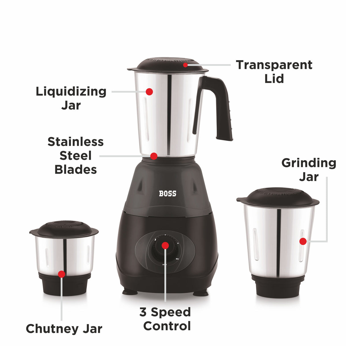 Bravo 500W Mixer Grinder with Powerful Motor, 3 SS Jars B274