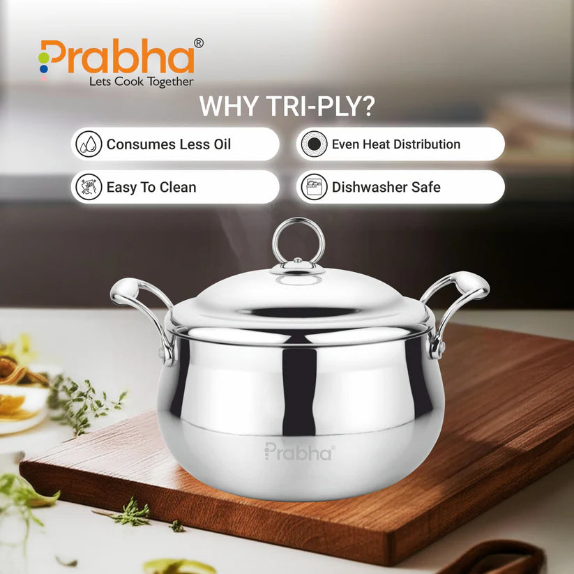 Prima Triply Belly Casserole With Lid – 4.8L, 22cm