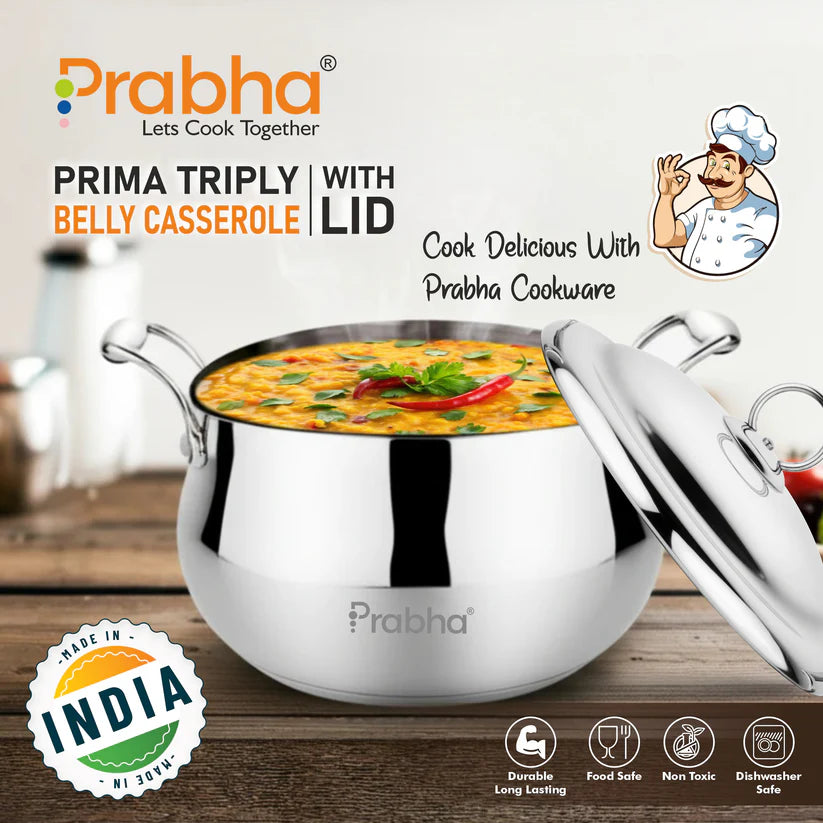 Prima Triply Belly Casserole With Lid – 4.8L, 22cm