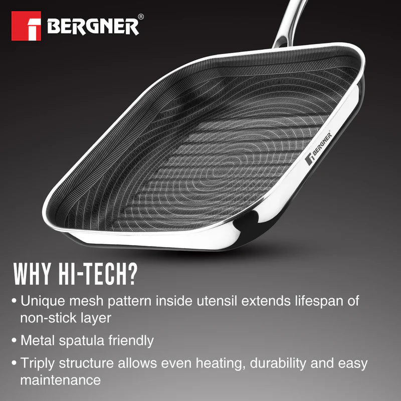 Tri-Ply Hi-Tech Giro Stainless Steel Non-Stick 24cm Grill Pan with Non-Stick Coating, Metal Spoon Friendly - Induction Bottom -BG-33964-MM