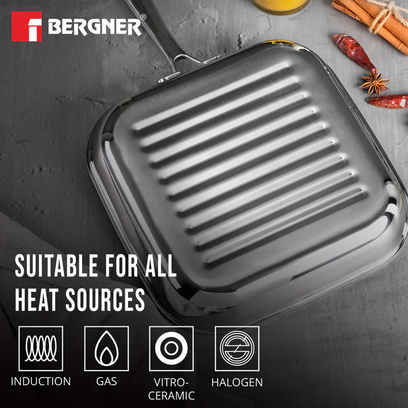 Tri-Ply Hi-Tech Giro Stainless Steel Non-Stick 24cm Grill Pan with Non-Stick Coating, Metal Spoon Friendly - Induction Bottom -BG-33964-MM