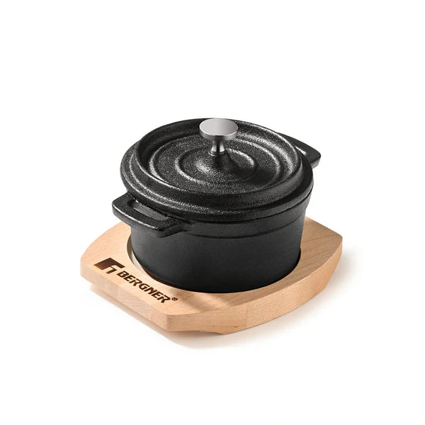Cook & Share 10 cm (265ml) Cast Iron Mini Casserole with Lid, Comes with Wooden Tray - Induction Bottom  BG-34211-BK
