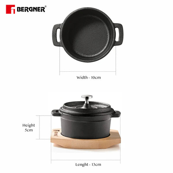 Cook & Share 10 cm (265ml) Cast Iron Mini Casserole with Lid, Comes with Wooden Tray - Induction Bottom  BG-34211-BK