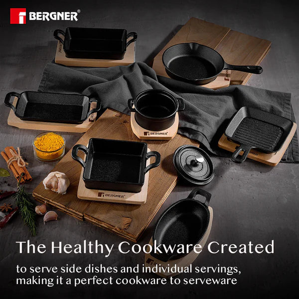 Cook & Share 10 cm (265ml) Cast Iron Mini Casserole with Lid, Comes with Wooden Tray - Induction Bottom  BG-34211-BK