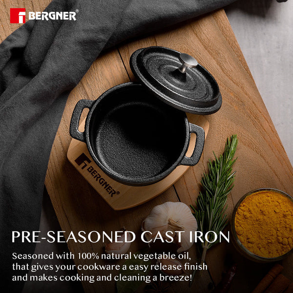 Cook & Share 10 cm (265ml) Cast Iron Mini Casserole with Lid, Comes with Wooden Tray - Induction Bottom  BG-34211-BK